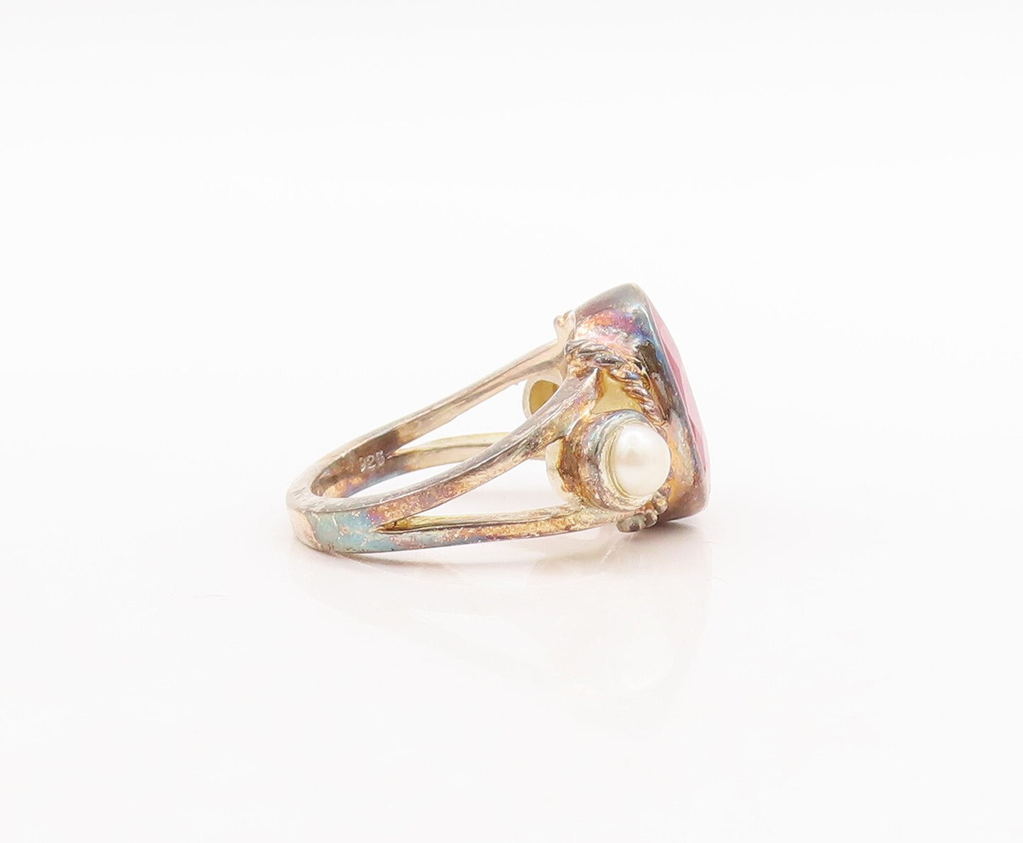 925 Sterling Silver Vintage Ring Gold Plated Oval Ruby & Pearls  Sz 6.5  RG29527