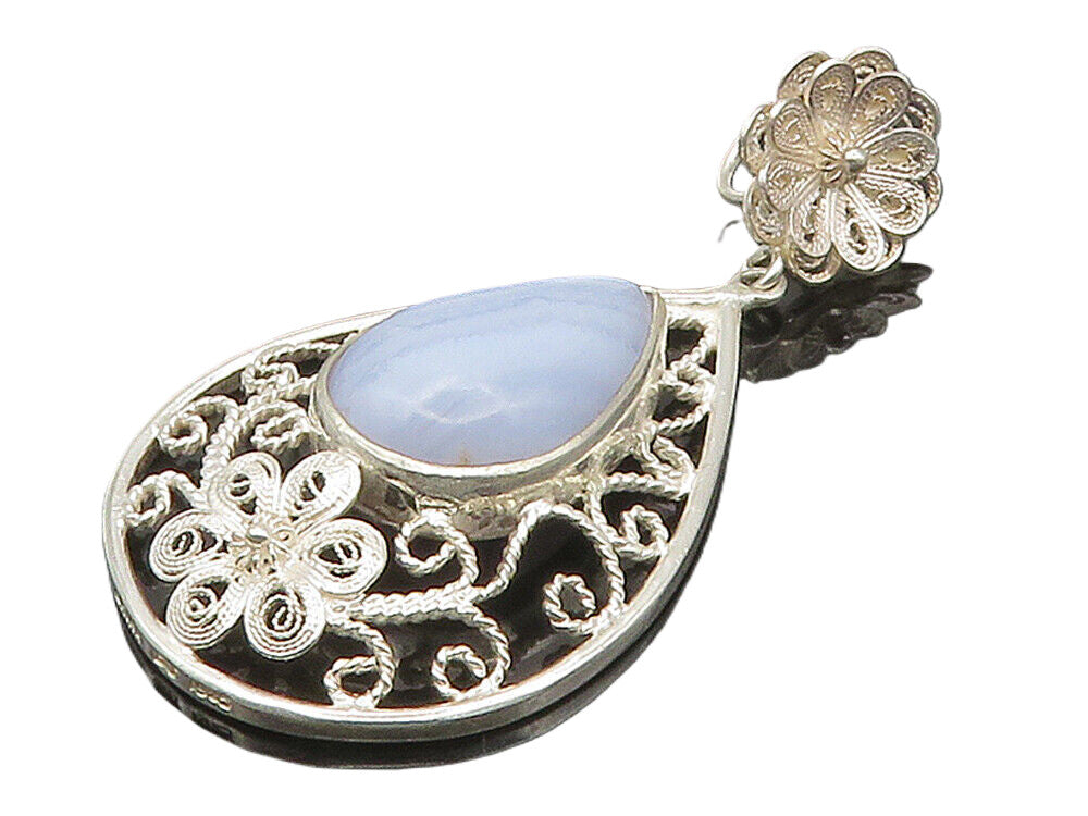925 Sterling Silver  Cabochon Tear Drop Agate Floral Swirl Pendant  PT12213