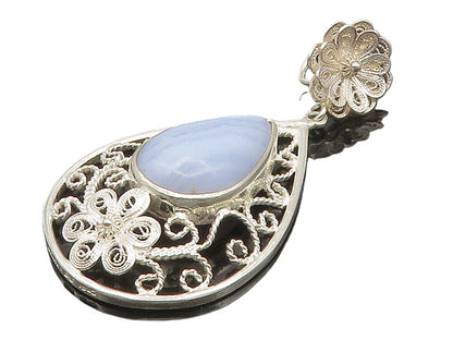 925 Sterling Silver  Cabochon Tear Drop Agate Floral Swirl Pendant  PT12213