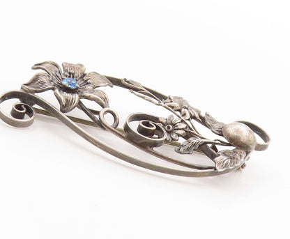 925 Sterling Silver Vintage Brooch Blue CZ Swirls & Flowers Cutout  BP11628
