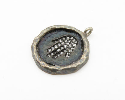 925 Sterling Silver  Vintage Petite Topaz Hand Oxidized Round Pendant  PT11425