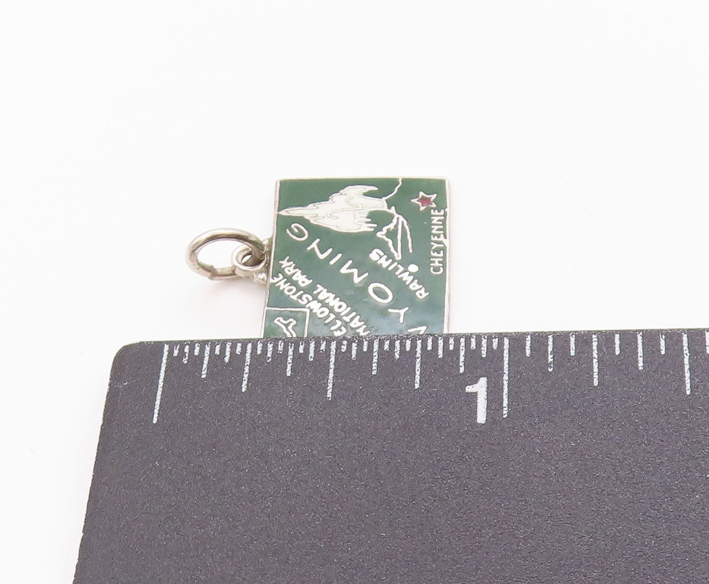 925 Sterling Silver Vintage Pendant Green Enameled Wyoming State Charm  PT24979