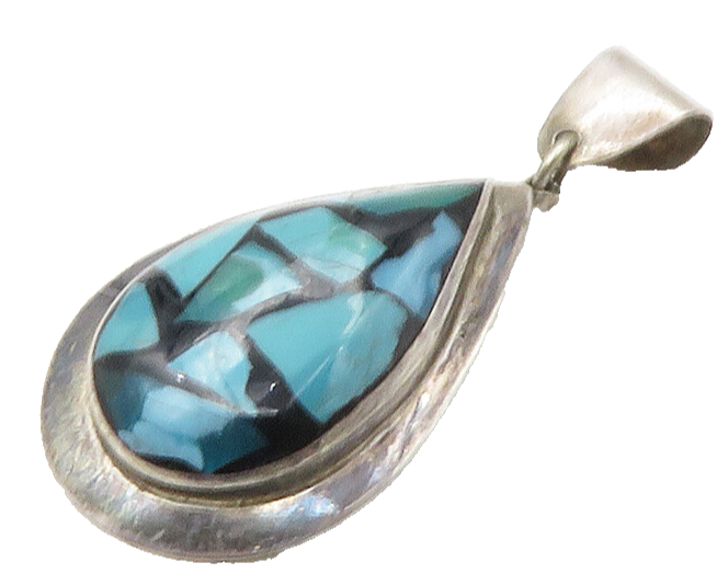 ISRAEL 925 Sterling Silver  Vintage Turquoise & Black Onyx Pendant PT13179