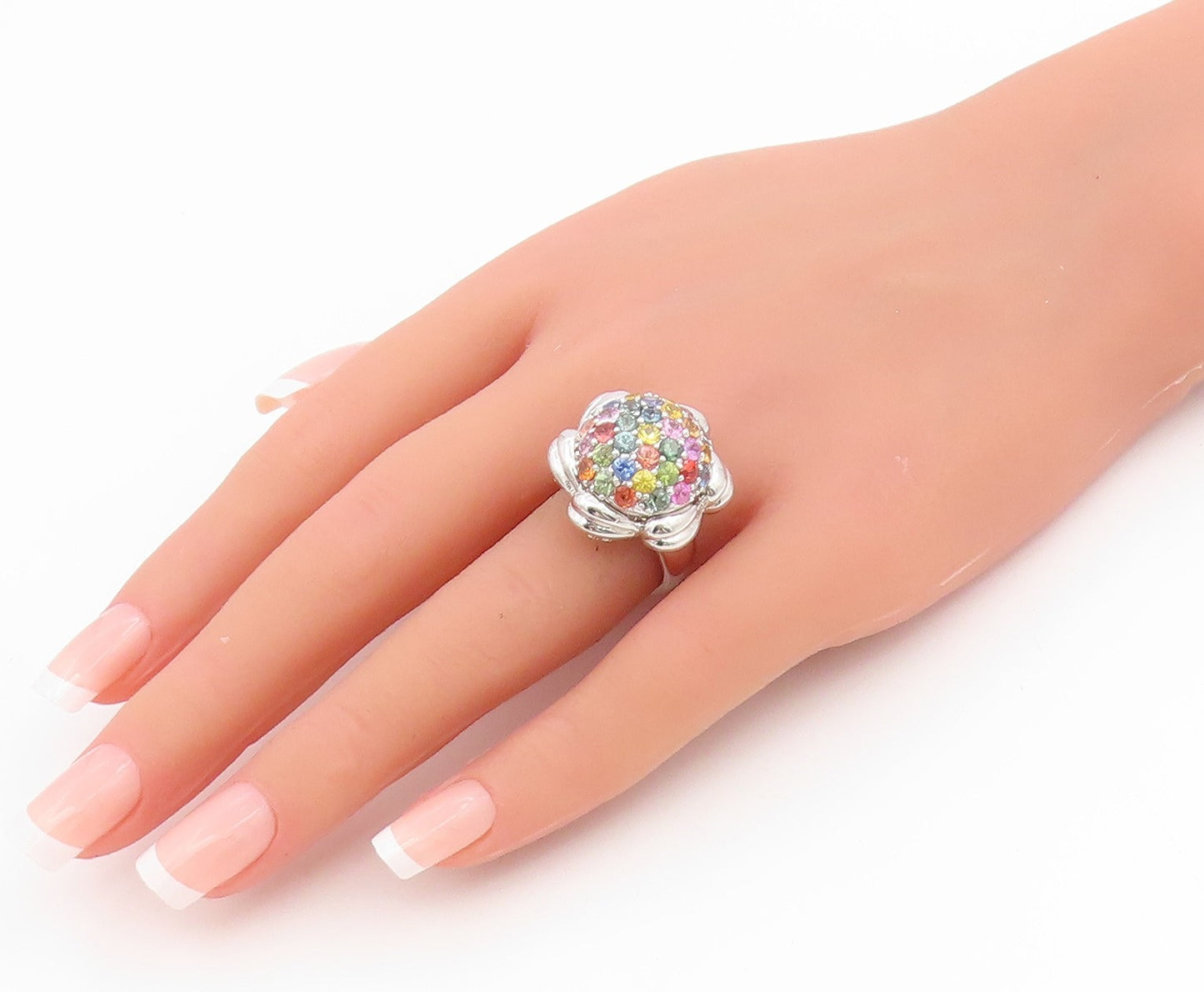 925 Sterling Silver Vintage Ring Gemstone Floral Cluster Band  Sz 6.5  RG34357