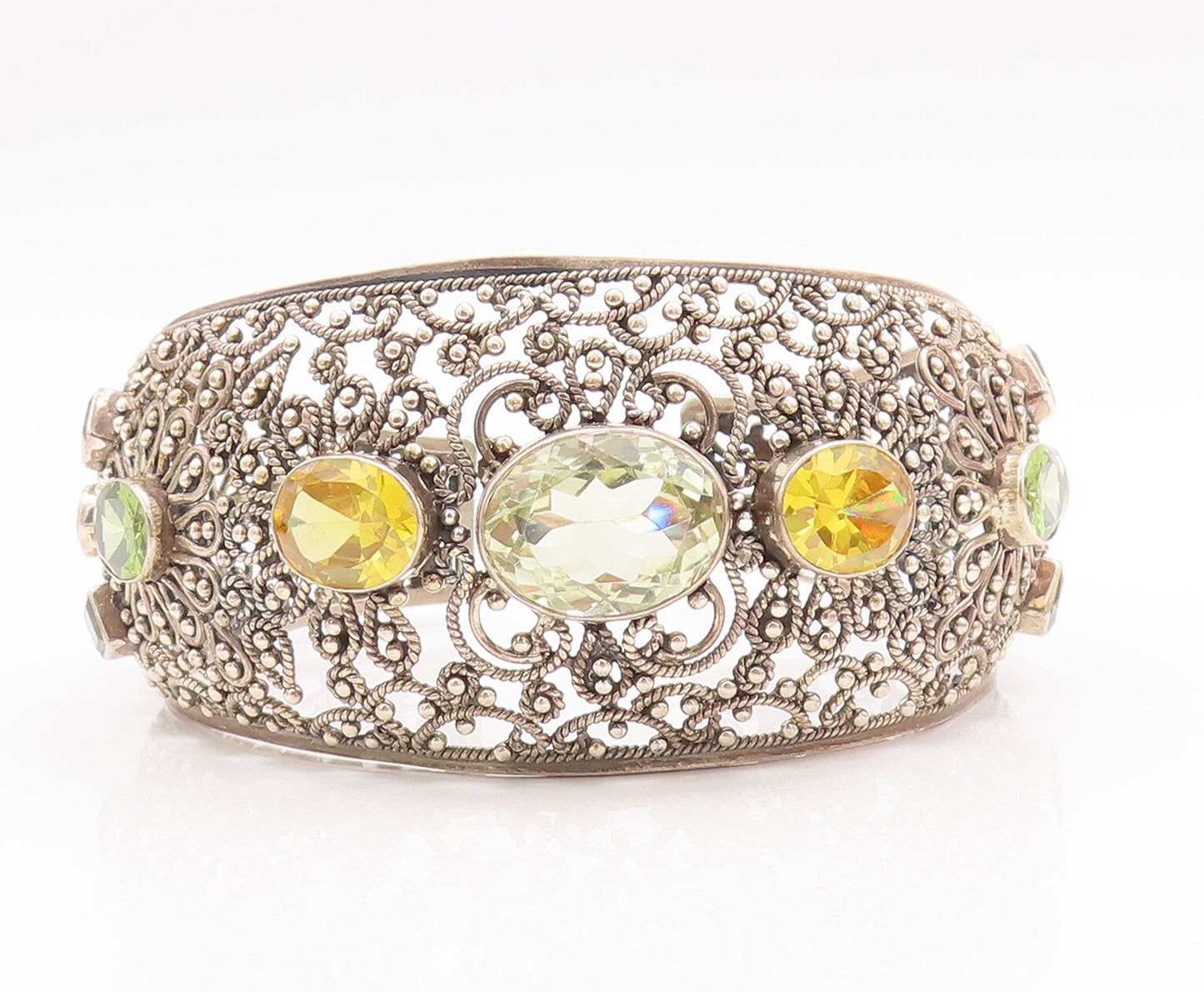 925 Sterling Silver Vintage Bracelet Floral Beaded Cutout Citrine Cuff  BT10556