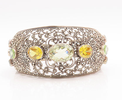 925 Sterling Silver Vintage Bracelet Floral Beaded Cutout Citrine Cuff  BT10556