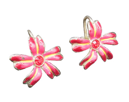 925 Silver  Vintage Enamel & Red Spinel Floral Screw Back Earrings  EG11733