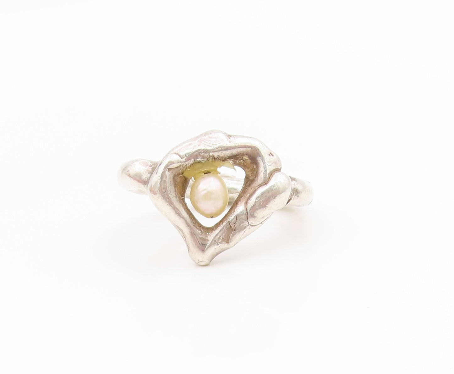 925 Sterling Silver Vintage Ring Round Pearl Abstract Love Heart  Sz 8  RG34473