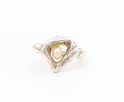 925 Sterling Silver Vintage Ring Round Pearl Abstract Love Heart  Sz 8  RG34473