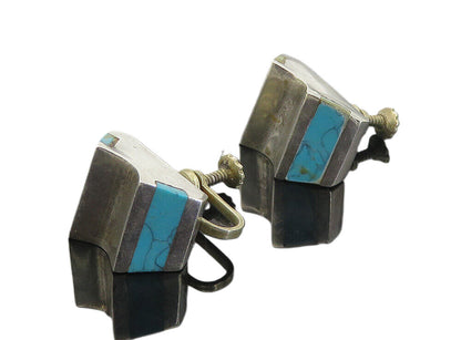 MEXICO 925 Silver  Vintage Inlaid Turquoise Non Pierce Screw Earrings  EG3330