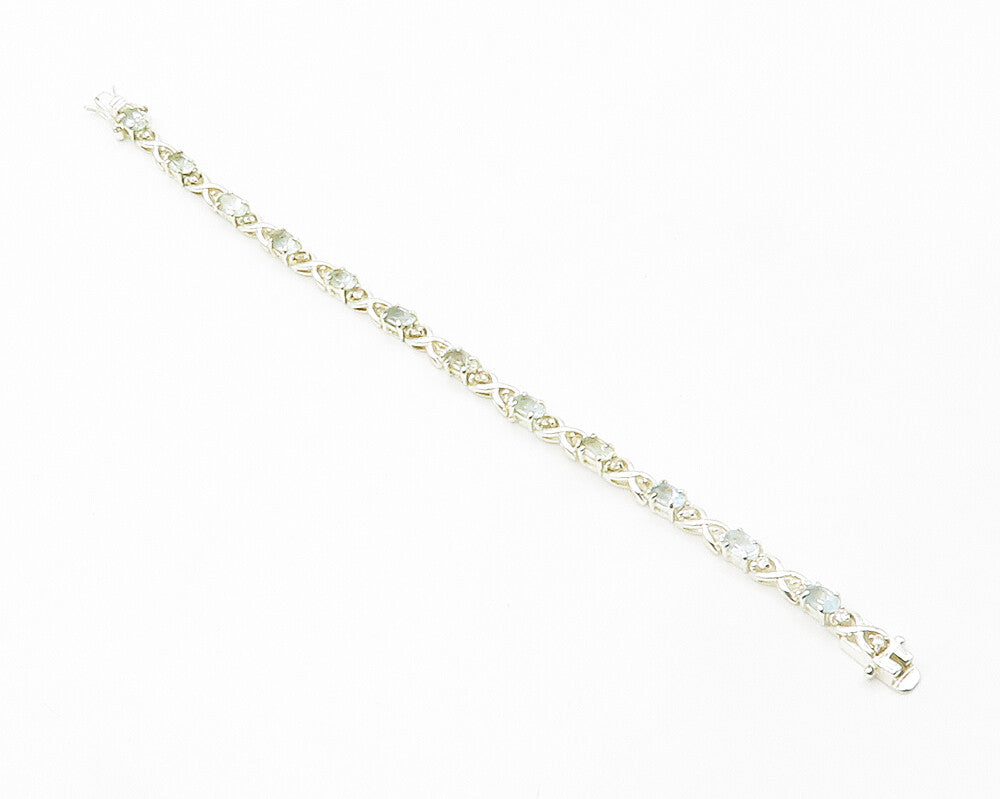 925 Sterling Silver  Prong Set Aquamarine & Topaz XO Chain Bracelet  BT5449