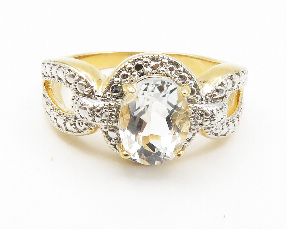 925 Sterling Silver  Faceted Topaz Gold Plated Shiny Band Ring Sz 7  RG14068
