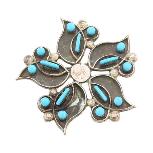 925 Sterling Silver Vintage Brooch Pin NAVAJO ZUNI Larimar Flower  BP11658