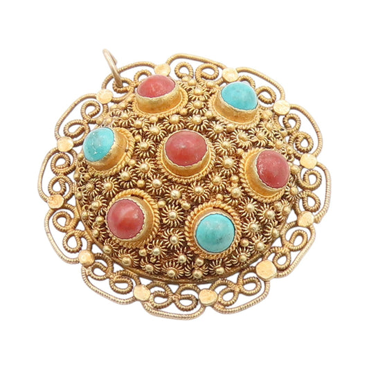 925 Sterling Silver Vintage Pendant Gold Plated Turquoise & Gemstones  PT24715