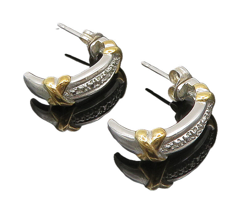 925 Sterling Silver  Vintage Two Tone Genuine Diamonds Hoop Earrings  EG11594