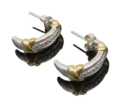 925 Sterling Silver  Vintage Two Tone Genuine Diamonds Hoop Earrings  EG11594