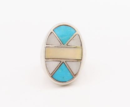 925 Sterling Silver Vintage Ring NAVAJO ZUNI Large Gemstones Inlay Sz 10 RG28895