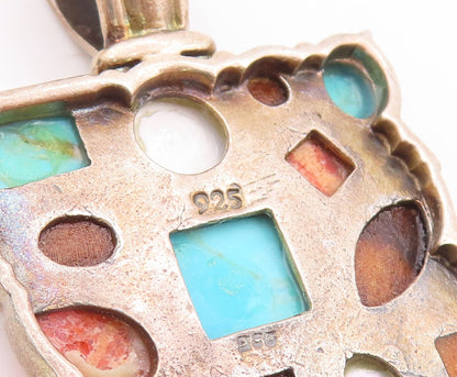 925 Sterling Silver Vintage Pendant Large Square Multi Stone Multi Shape PT23338