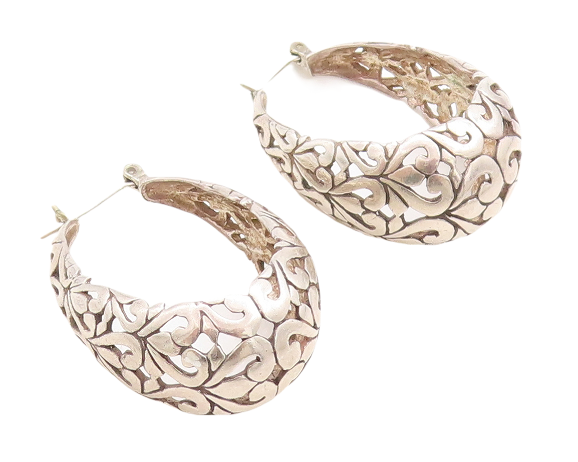925 Sterling Silver Vintage Earrings Swirly Hearts Design Cutout Hoops  EG13299