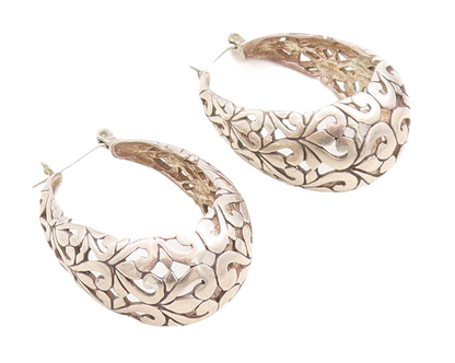 925 Sterling Silver Vintage Earrings Swirly Hearts Design Cutout Hoops  EG13299