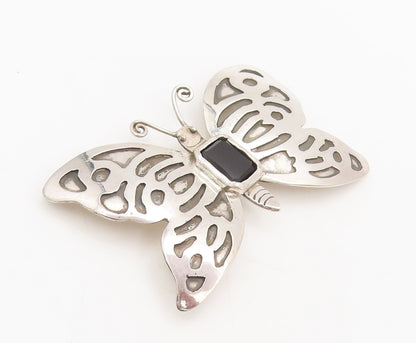 925 Sterling Silver  Vintage Lab Spinel Onyx Butterfly Brooch Pin  BP10518