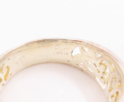 925 Sterling Silver Vintage Ring Gold Plated Swirly Cut Rose Quartz Sz 7 RG29226