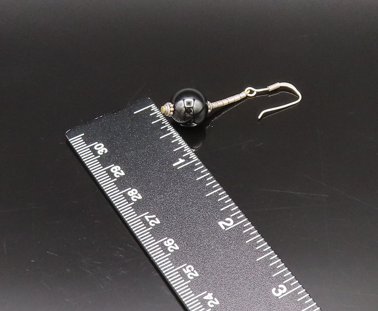 925 Silver  Vintage Detailed Bar & Black Onyx Bead Ball Drop Earrings  EG12281