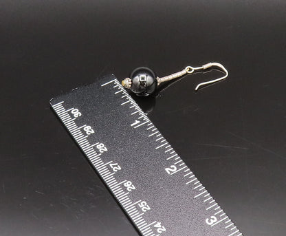 925 Silver  Vintage Detailed Bar & Black Onyx Bead Ball Drop Earrings  EG12281