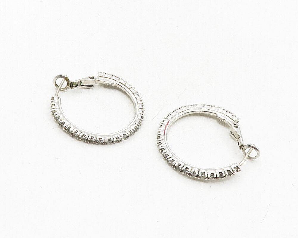 925 Sterling Silver  Petite White Topaz Shiny Round Hoop Earrings   EG5226