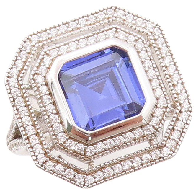 925 Sterling Silver Vintage Ring Square Sapphire Halo CZ Bands  Sz 7  RG30786