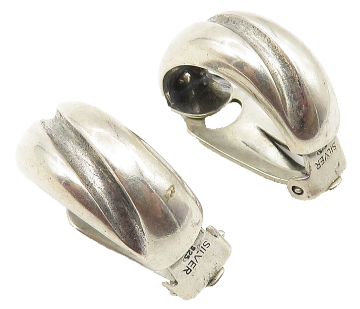925 Sterling Silver  Vintage Shiny Curved Smooth Non Pierce Earrings  EG5807