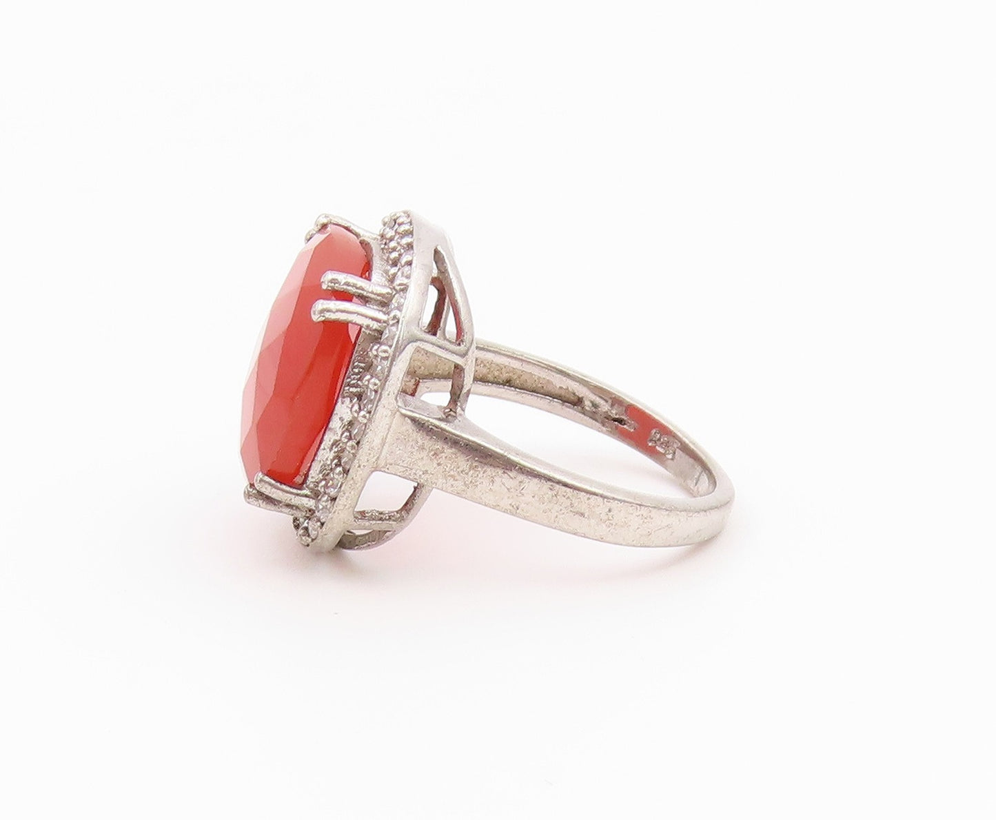 925 Sterling Silver Vintage Ring Faceted Carnelian Halo CZ Band  Sz 7.5  RG36552