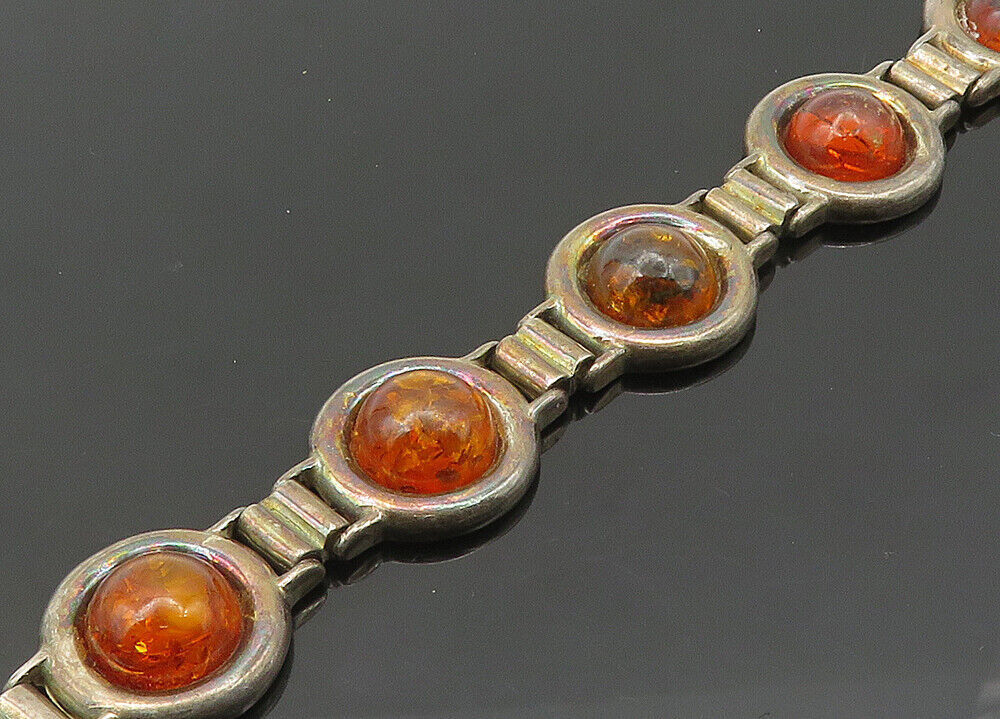 ZW POLAND 925 Silver  Vintage Cabochon Cut Amber Chain Bracelet  BT8503