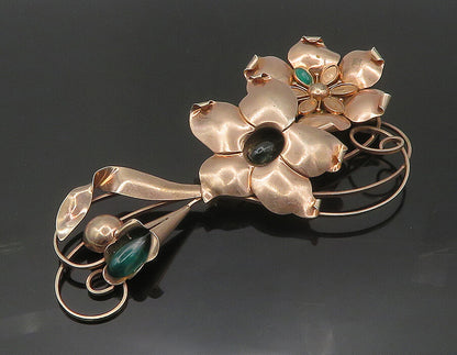 925 Sterling Silver  Vintage Green Topaz Copper Tone Flower Brooch Pin  BP7479