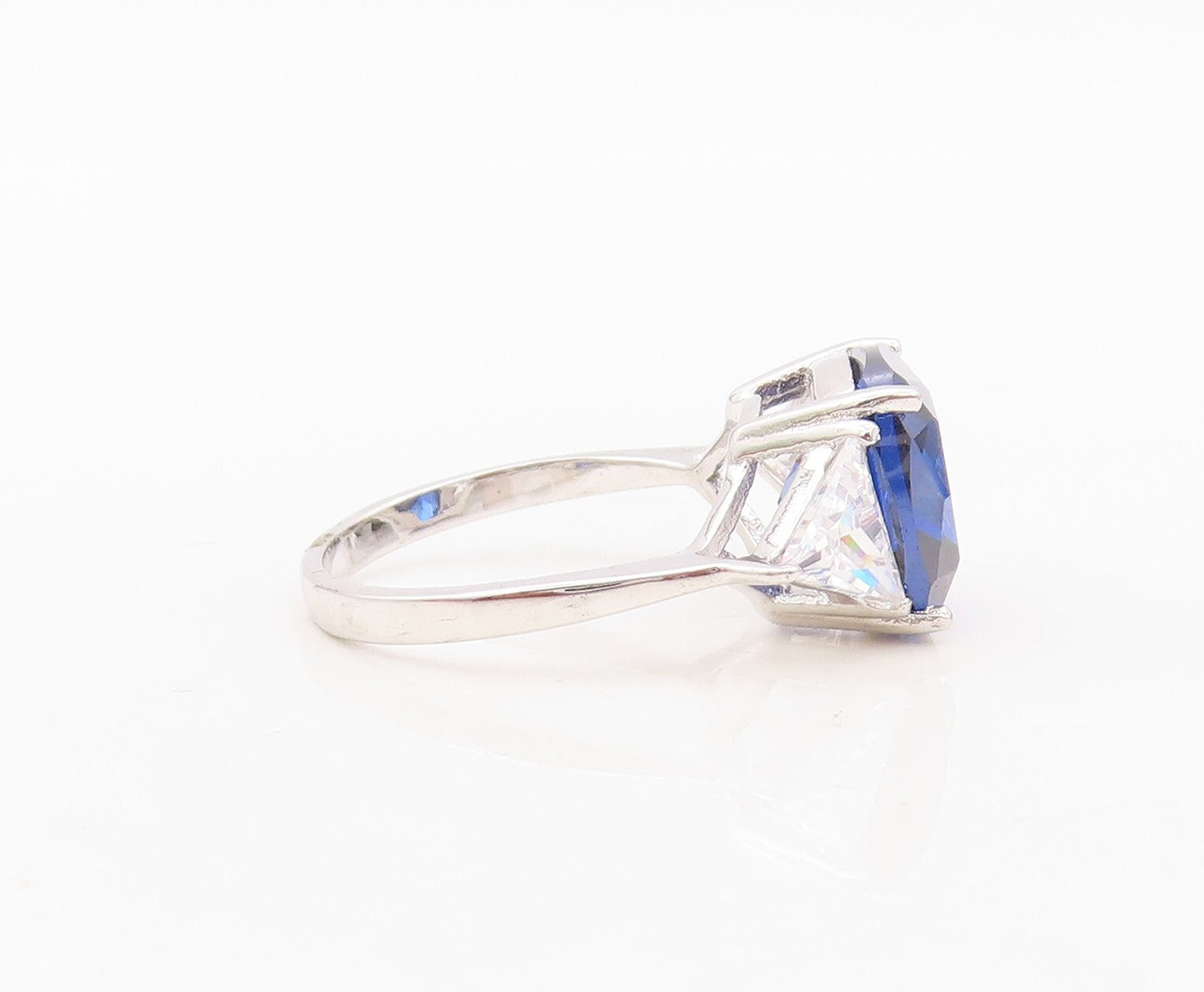 925 Sterling Silver Vintage Ring Square Sapphire & Triangle CZ Sz 7.5  RG30329