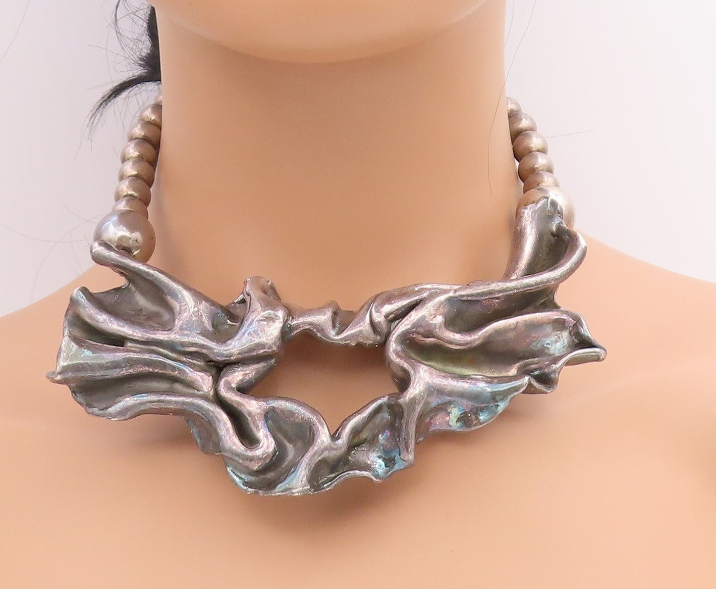 925 Sterling Silver Vintage Necklace Spherical Bead Brutalist Design  NE4728