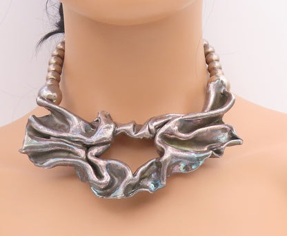 925 Sterling Silver Vintage Necklace Spherical Bead Brutalist Design  NE4728