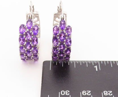 925 Sterling Silver Vintage Earrings Oval Amethyst Inlay Carved Hoops  EG13401