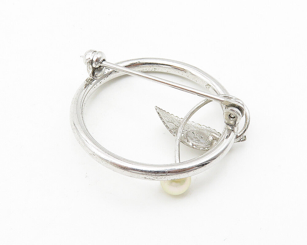 DCE 925 Sterling Silver  Vintage Petite Pearl Floral Leaf Brooch Pin  BP4292