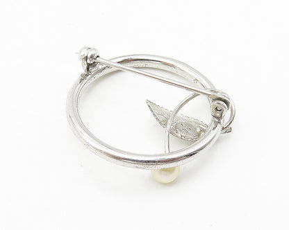 DCE 925 Sterling Silver  Vintage Petite Pearl Floral Leaf Brooch Pin  BP4292