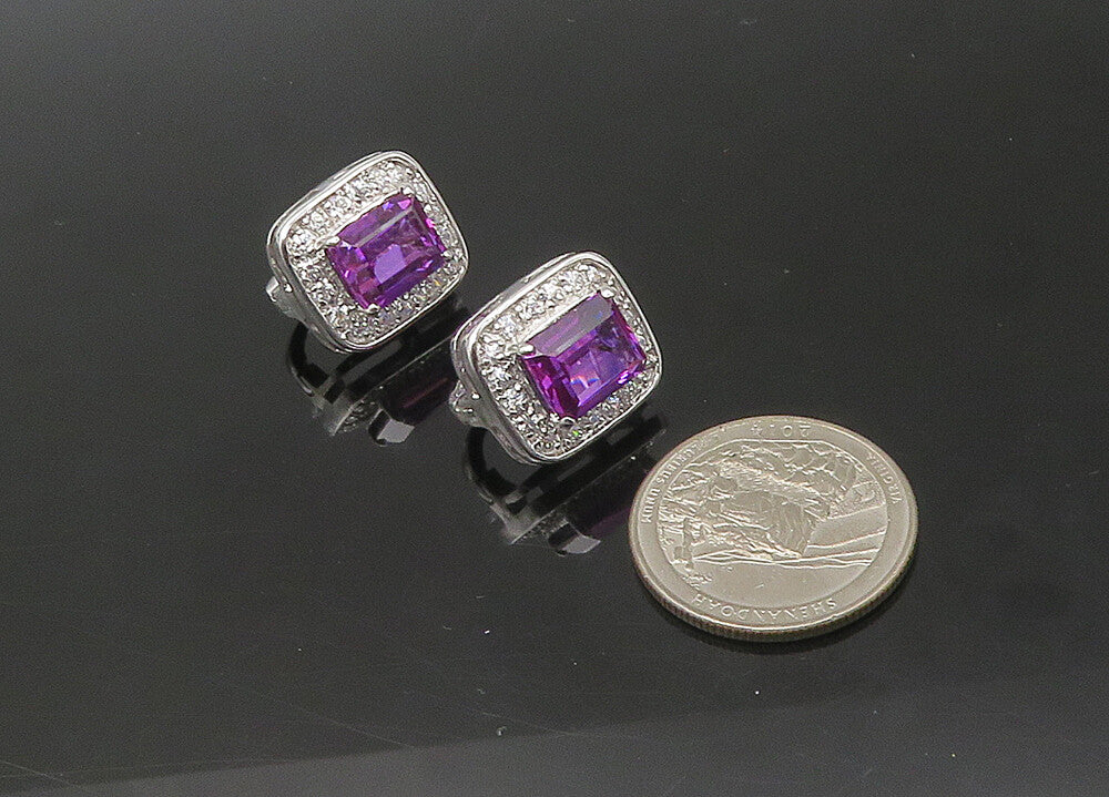 925 Sterling Silver  Vintage Amethyst & Cubic Zirconia Drop Earrings  EG10935
