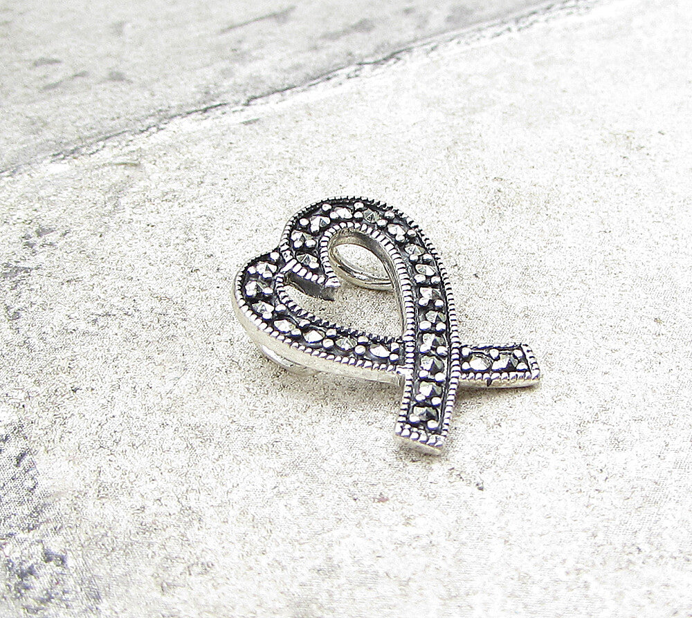 925 Sterling Silver  Marcasite Love Heart Slider Pendant  PT1378