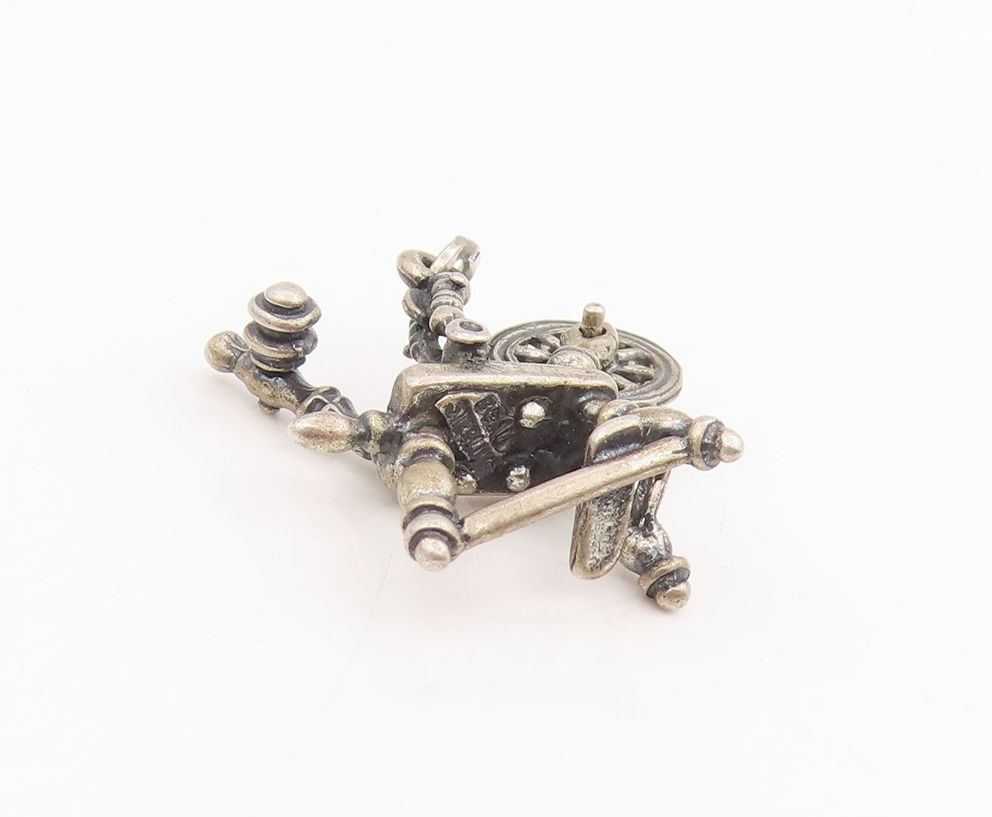 925 Sterling Silver Vintage Pendant BEAU Retro Sewing Spinning Wheel  PT25676