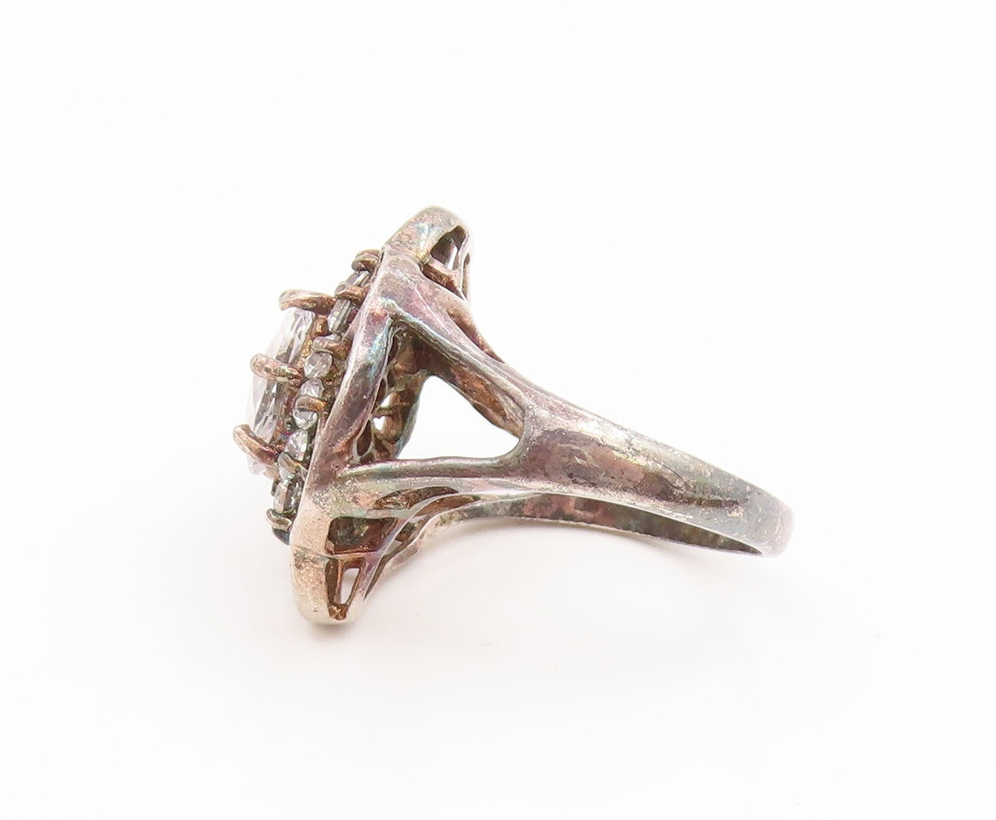 925 Sterling Silver Vintage Ring Elegant CZ Floral Cutout Band  Sz 9  RG35197