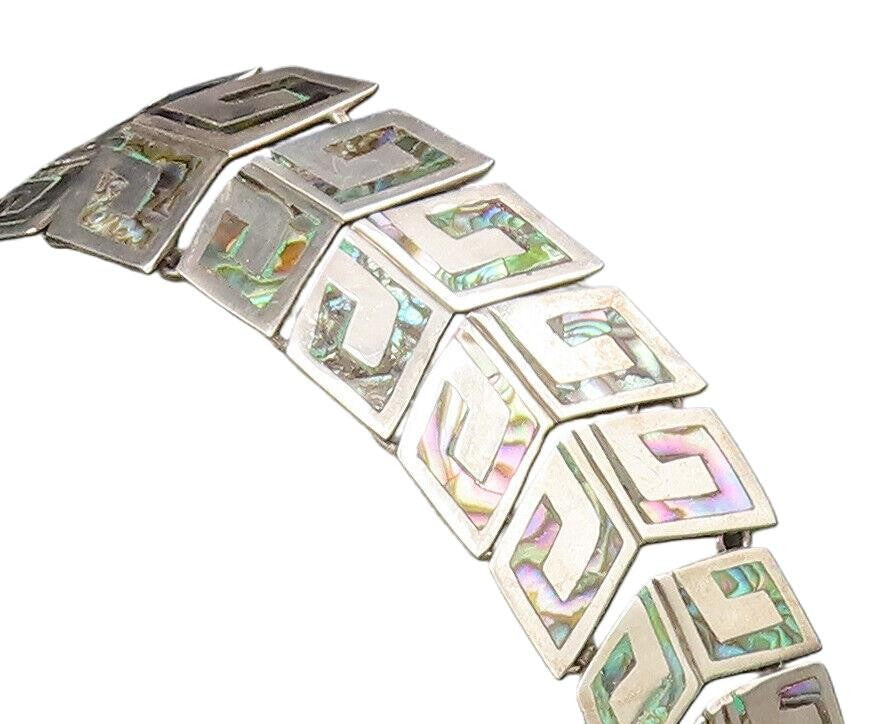 TAXCO 925 Silver  Vintage Inlaid Abalone Double Row Link Bracelet  BT9784