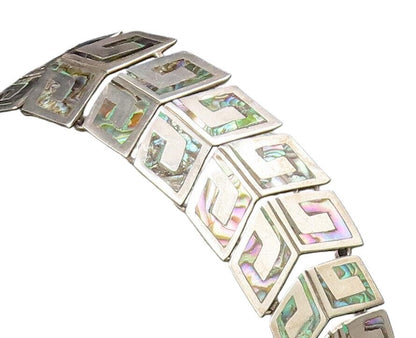 TAXCO 925 Silver  Vintage Inlaid Abalone Double Row Link Bracelet  BT9784