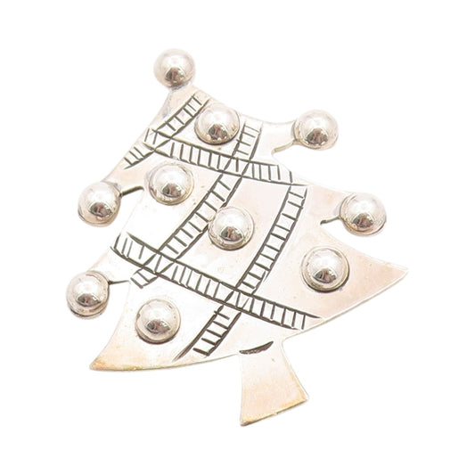 925 Sterling Silver Vintage Brooch Etched Beaded Cutout Christmas Tree  BP11743