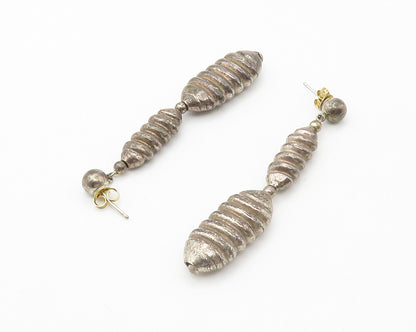 925 Sterling Silver  Vintage Dark Tone Fluted Detail Dangle Earrings  EG7302