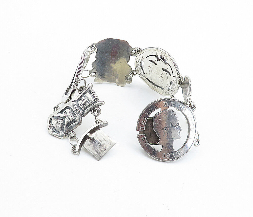 925 Sterling Silver  Vintage Antique Colombian Coin Link Chain Bracelet BT2964