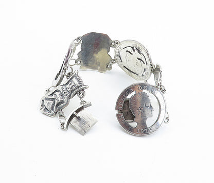 925 Sterling Silver  Vintage Antique Colombian Coin Link Chain Bracelet BT2964